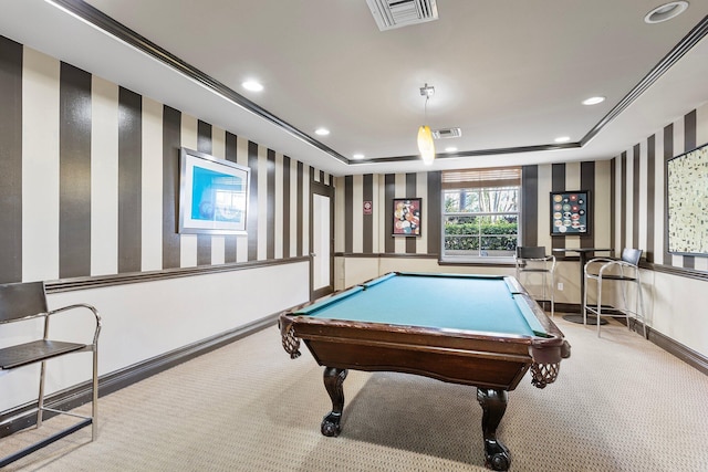 recreation room with wallpapered walls, recessed lighting, carpet, and visible vents