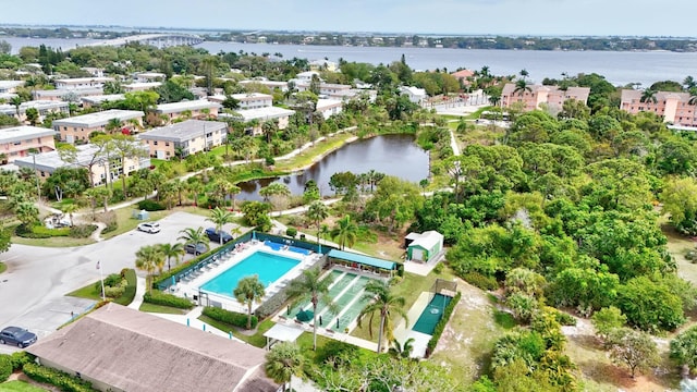 birds eye view of property featuring a water view