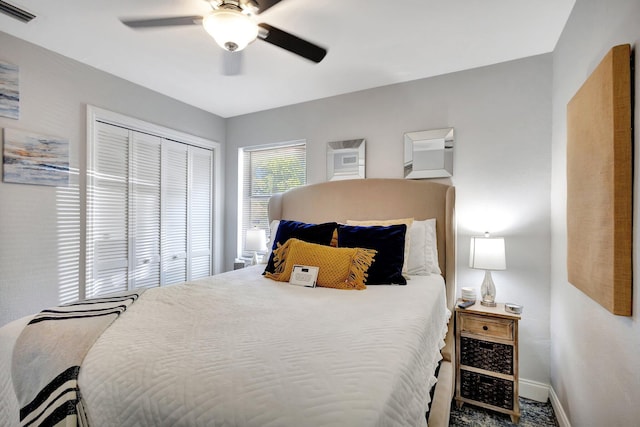 bedroom with visible vents, baseboards, a closet, and ceiling fan