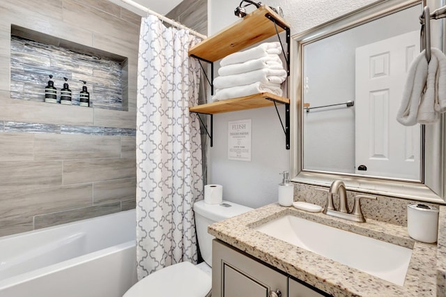 full bathroom featuring shower / bathtub combination with curtain, toilet, and vanity