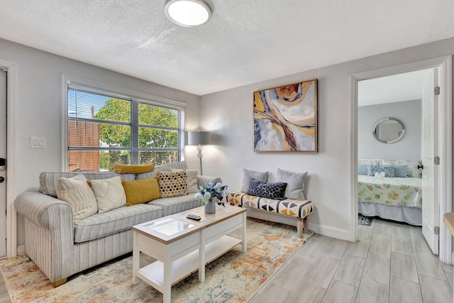 living area featuring baseboards and a textured ceiling