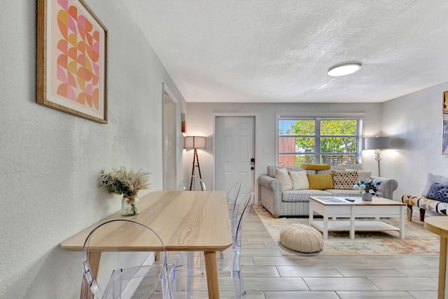 living room featuring a textured ceiling and a textured wall