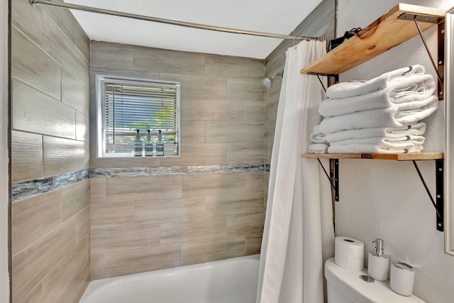 bathroom with toilet and shower / bath combo with shower curtain