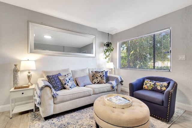 living room featuring wood finished floors, baseboards, and a textured wall