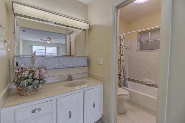 full bathroom with visible vents, toilet, shower / tub combo with curtain, tile patterned flooring, and vanity