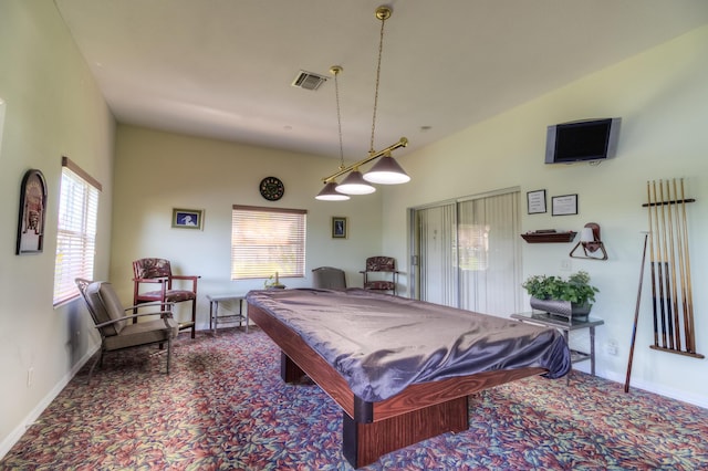 recreation room featuring billiards, carpet flooring, a healthy amount of sunlight, and visible vents