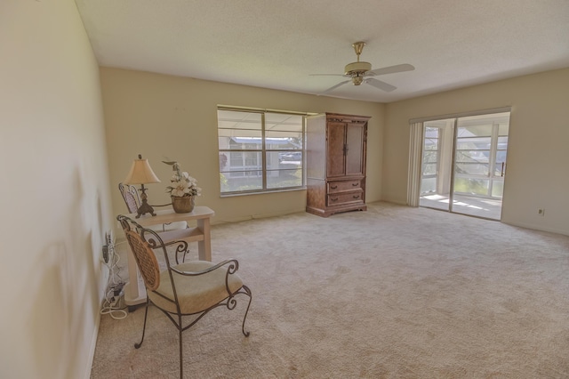 unfurnished room featuring a textured ceiling, a ceiling fan, and carpet floors