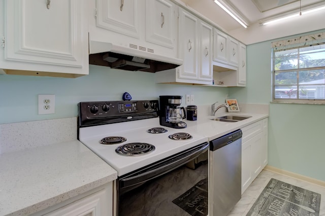 kitchen featuring under cabinet range hood, a sink, stainless steel dishwasher, electric range oven, and white cabinetry