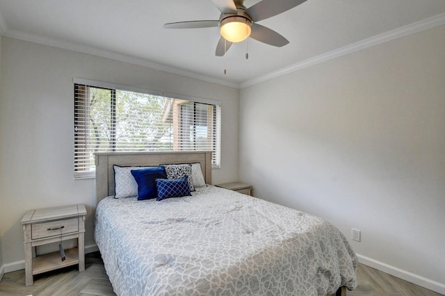 bedroom with ceiling fan, baseboards, and ornamental molding