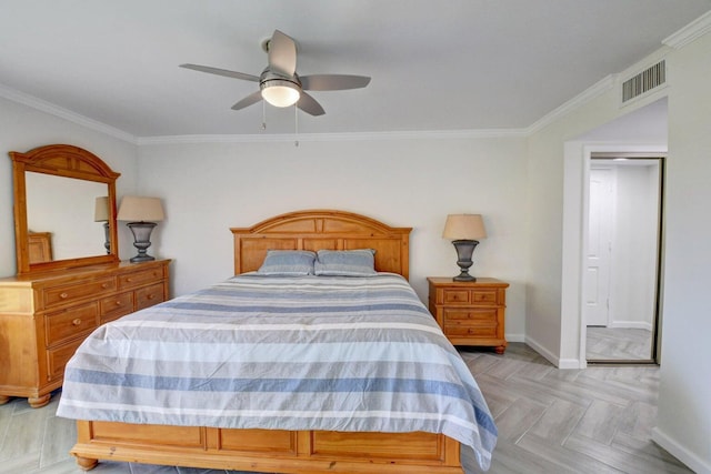 bedroom featuring visible vents, ceiling fan, crown molding, and baseboards