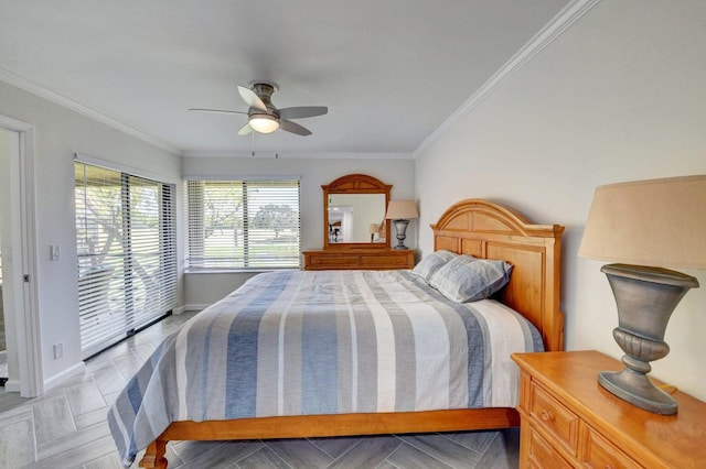 bedroom featuring baseboards, ornamental molding, a ceiling fan, and access to outside