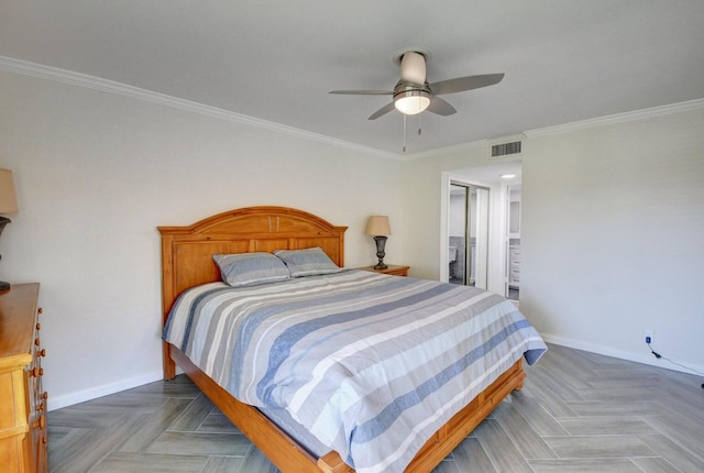 bedroom with visible vents, ceiling fan, baseboards, and ornamental molding