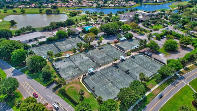 aerial view featuring a residential view and a water view