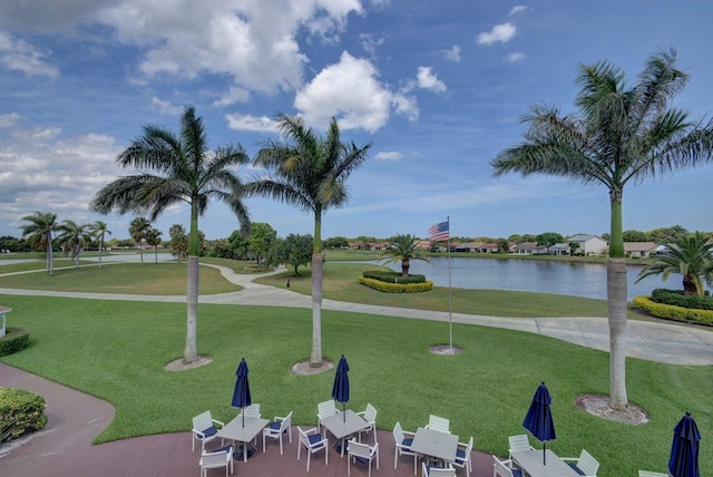 view of community featuring a lawn and a water view