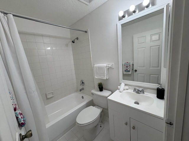 full bath featuring vanity, toilet, shower / bathtub combination with curtain, and a textured ceiling