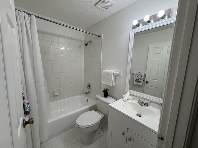 bathroom featuring visible vents, toilet, a textured ceiling, shower / bath combination with curtain, and vanity