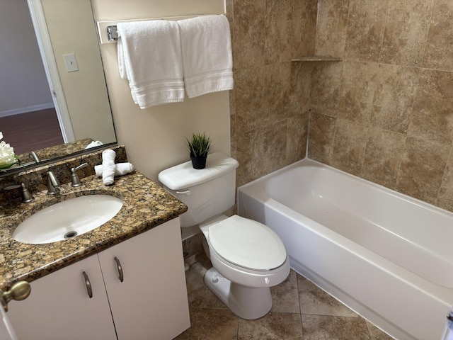 bathroom with tile patterned flooring, shower / bathtub combination, toilet, and vanity