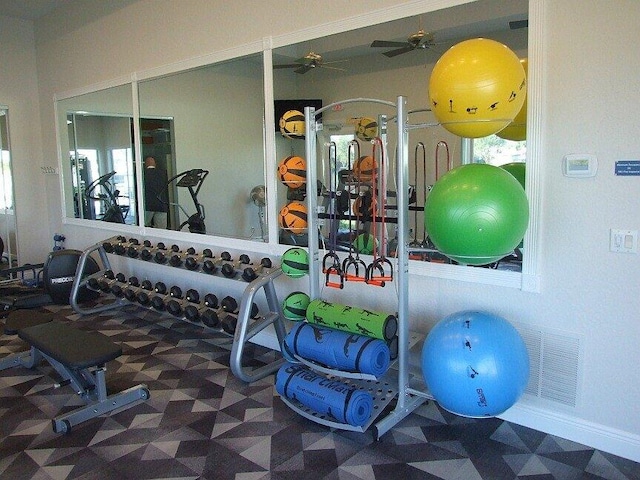 exercise room featuring visible vents and a ceiling fan