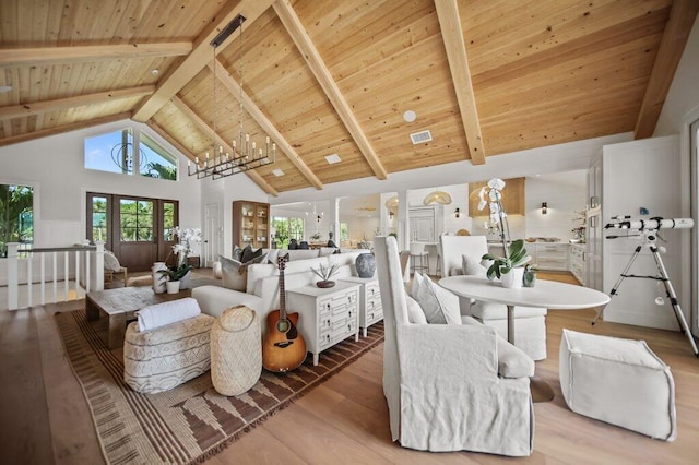 living area featuring wooden ceiling, a notable chandelier, light wood-type flooring, and beam ceiling