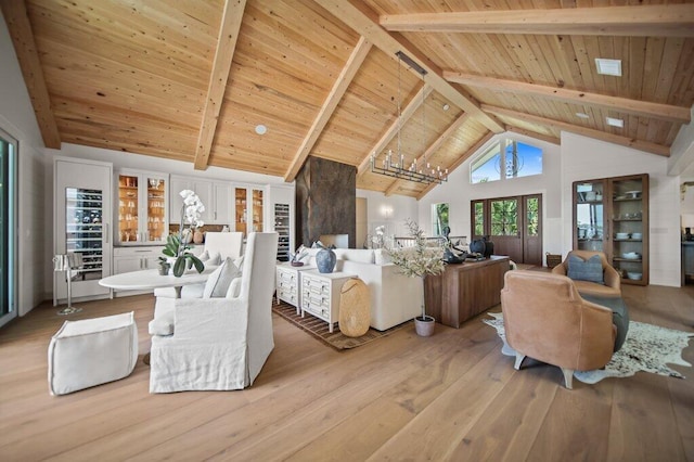 living room featuring beamed ceiling, light wood-style flooring, wooden ceiling, and high vaulted ceiling