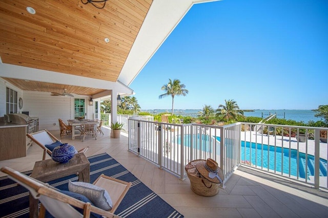 view of patio / terrace featuring a fenced in pool, a water view, outdoor dining area, area for grilling, and a ceiling fan