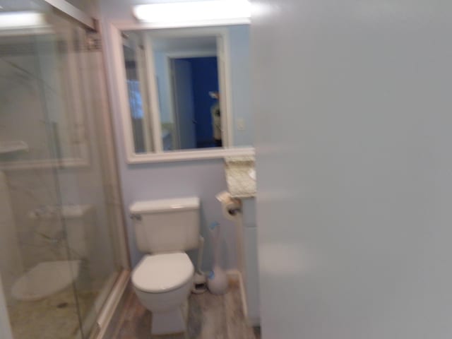 full bathroom featuring a shower stall, toilet, and wood finished floors