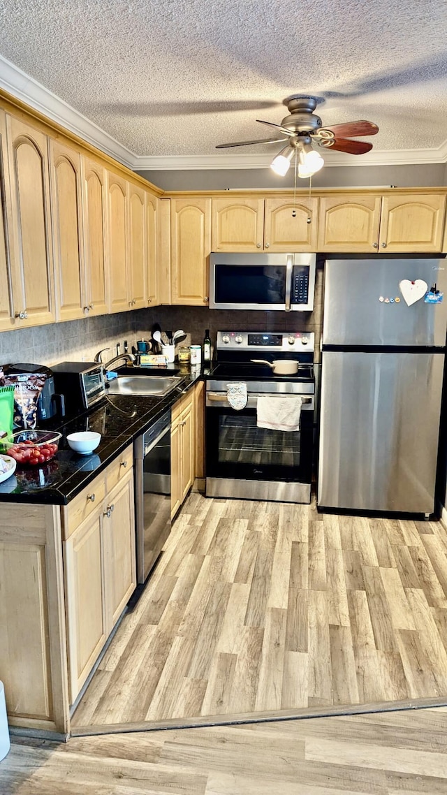 kitchen with light wood-style flooring, a sink, light brown cabinetry, appliances with stainless steel finishes, and dark countertops