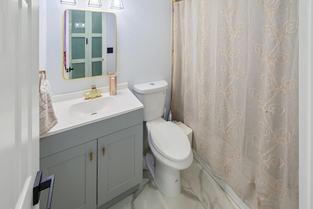 bathroom featuring vanity, a shower with shower curtain, toilet, and marble finish floor