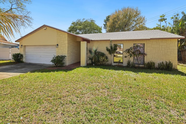 ranch-style home with a garage, concrete driveway, a front lawn, and fence