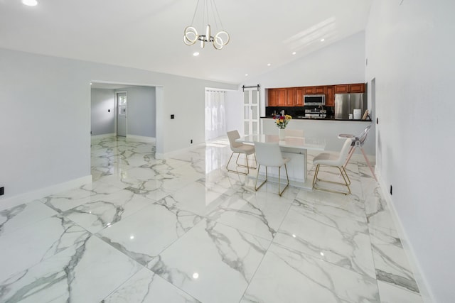 dining space with recessed lighting, high vaulted ceiling, marble finish floor, and a chandelier