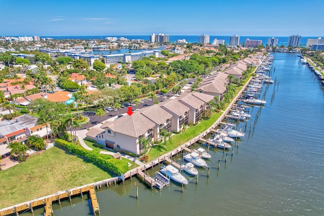 bird's eye view with a water view and a city view