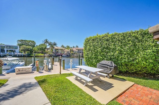 view of dock with a water view and a residential view