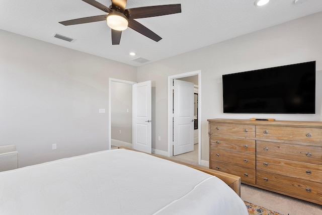 bedroom with recessed lighting, baseboards, visible vents, and ceiling fan