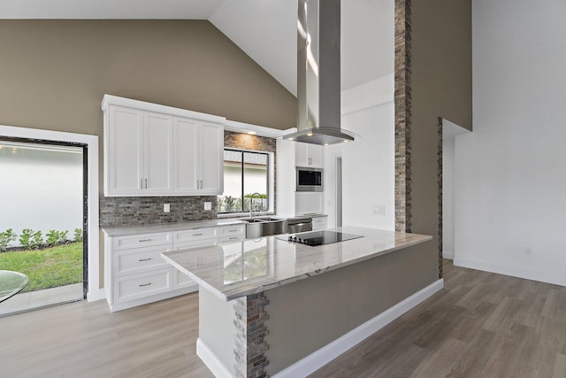 kitchen featuring a sink, stainless steel microwave, white cabinetry, and island range hood