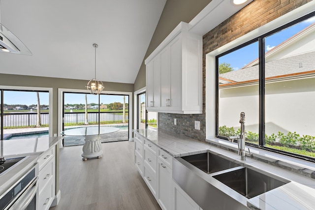 kitchen with a sink, wood finished floors, white cabinets, and vaulted ceiling