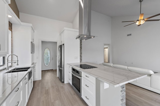 kitchen featuring ventilation hood, visible vents, light wood finished floors, a sink, and stainless steel appliances