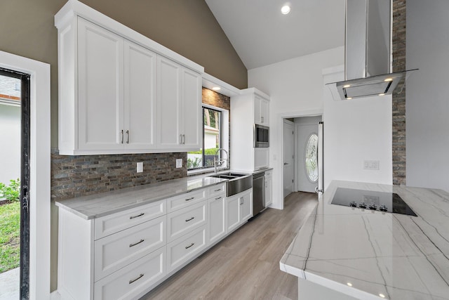 kitchen with white cabinetry, stainless steel appliances, extractor fan, and a sink