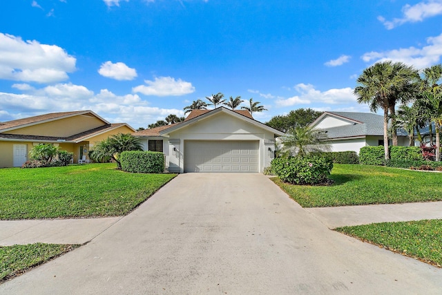 single story home featuring a garage, stucco siding, concrete driveway, and a front lawn