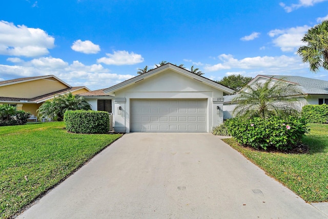 ranch-style house with stucco siding, an attached garage, concrete driveway, and a front lawn