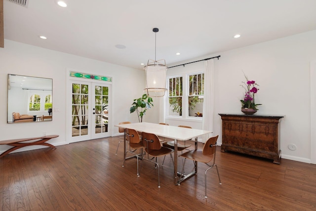 dining area featuring recessed lighting, french doors, baseboards, and dark wood-style flooring