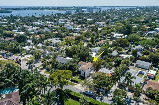 bird's eye view with a water view