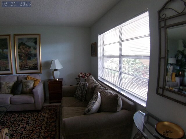 living area featuring a textured ceiling