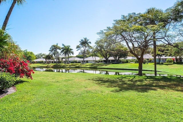 view of community featuring a yard and a water view