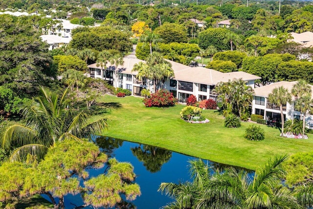 drone / aerial view with a water view