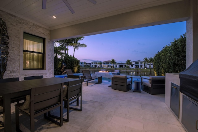 view of patio / terrace with an outdoor living space, fence, a residential view, outdoor dining area, and ceiling fan