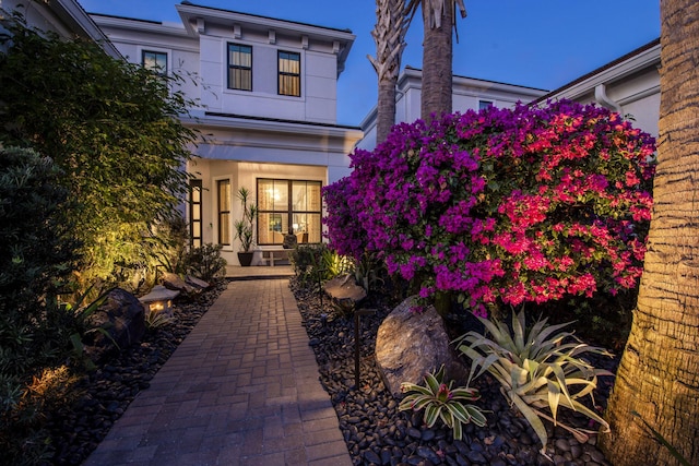 entrance to property with stucco siding and a porch