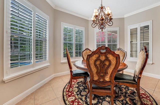 dining area with crown molding, light tile patterned flooring, and plenty of natural light