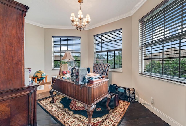 office area with a notable chandelier, dark wood-type flooring, and ornamental molding