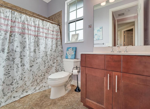 bathroom featuring vanity, visible vents, curtained shower, crown molding, and toilet