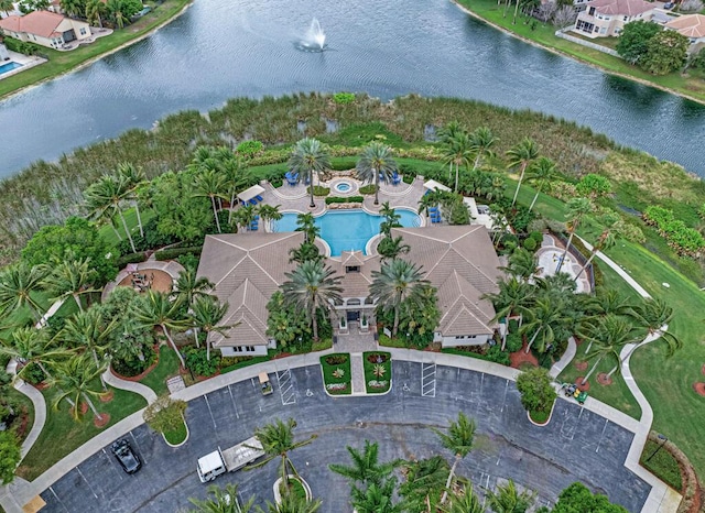 drone / aerial view featuring a water view